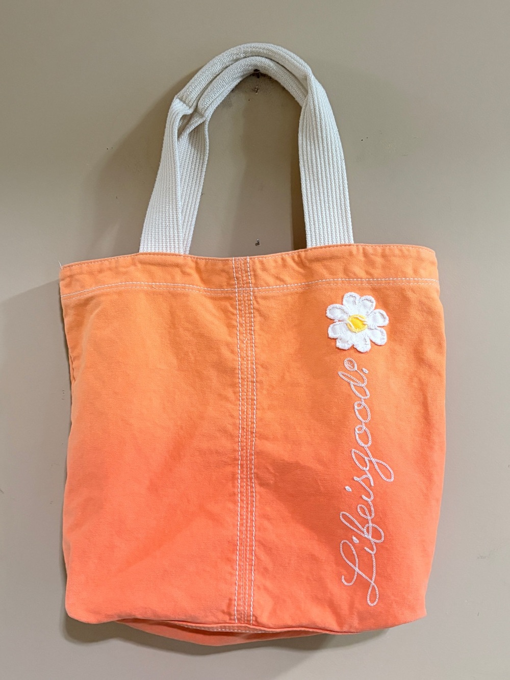 Life Is Good Orange Canvas Tote with Daisy Embroidery